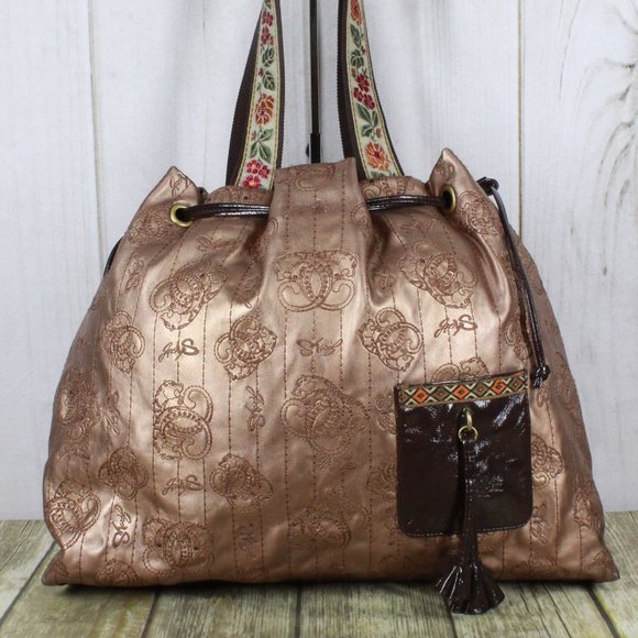 Original by Sharif Gold Vegan Leather Embroidered Drawstring Tote Shoulder Bag - Picture 2 of 13